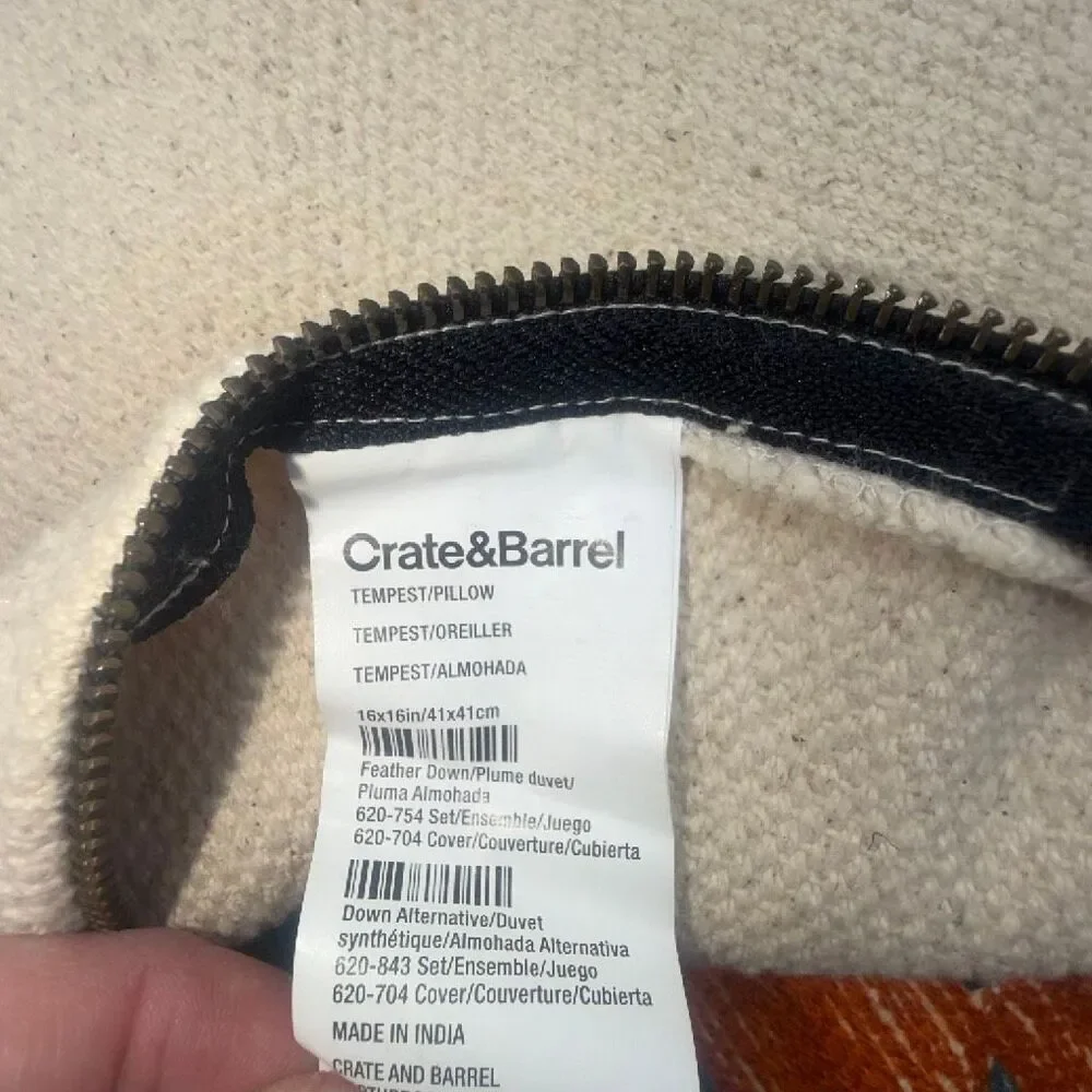 CRATE & BARREL Tempest Needlepoint Woven Pillowcase and Insert- 16” x 16”
